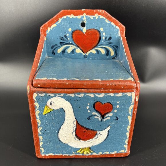 Vintage Wood Recipe Salt Box w/ Lid Goose Primitive Folk Art Kitschy - Picture 1 of 16